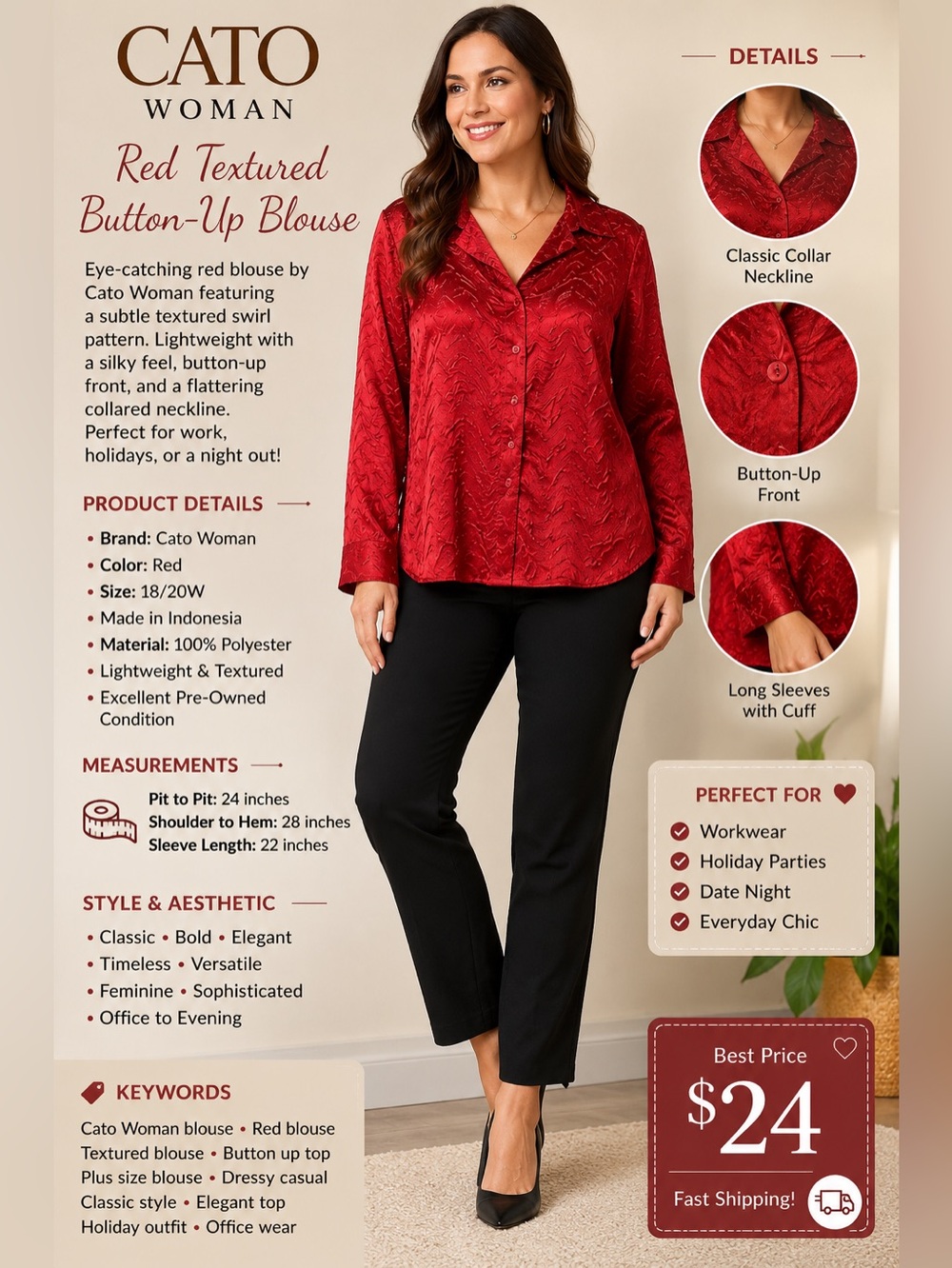 Cato Red Textured Long-Sleeve Button Down Shirt